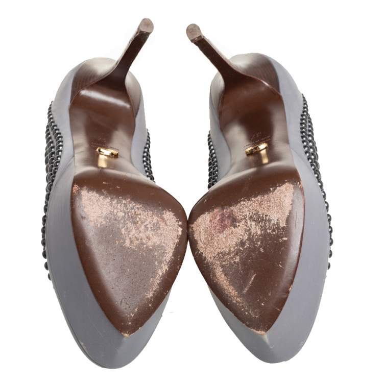 Pre Owned Sergio Rossi Grey Leather Studded Platform Pumps Size 37