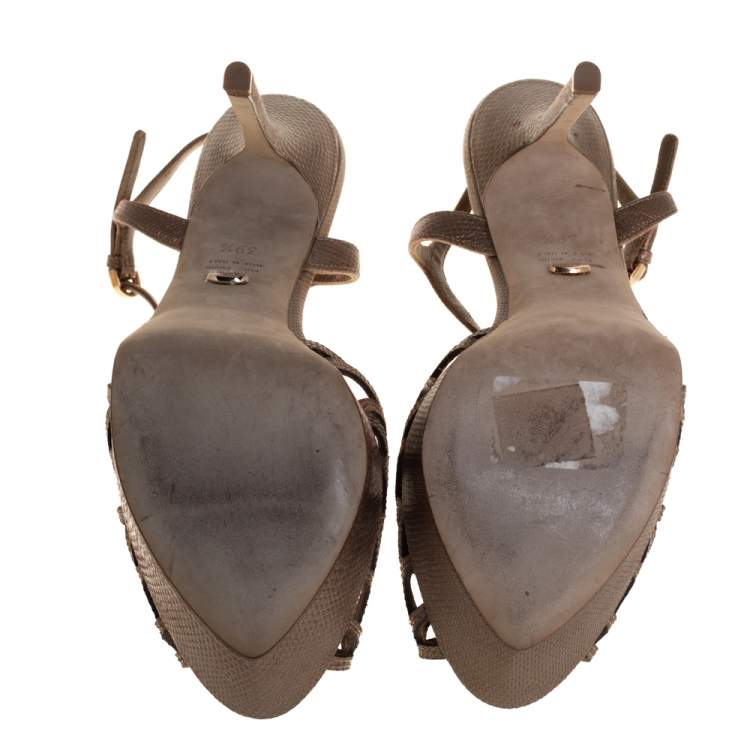 Pre Owned Sergio Rossi Brown Lizard Embossed Cut Out Leather Platform Ankle Strap Sandals Size 39.5