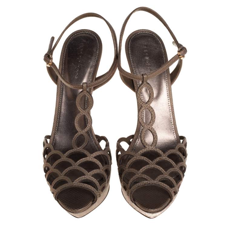 Pre Owned Sergio Rossi Brown Lizard Embossed Cut Out Leather Platform Ankle Strap Sandals Size 39.5