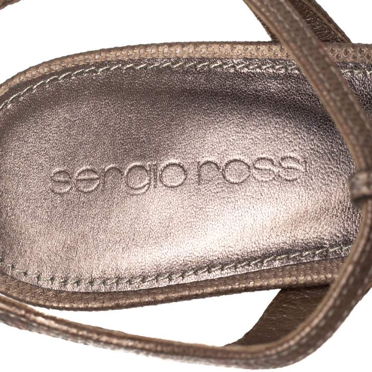Pre Owned Sergio Rossi Brown Lizard Embossed Cut Out Leather Platform Ankle Strap Sandals Size 39.5