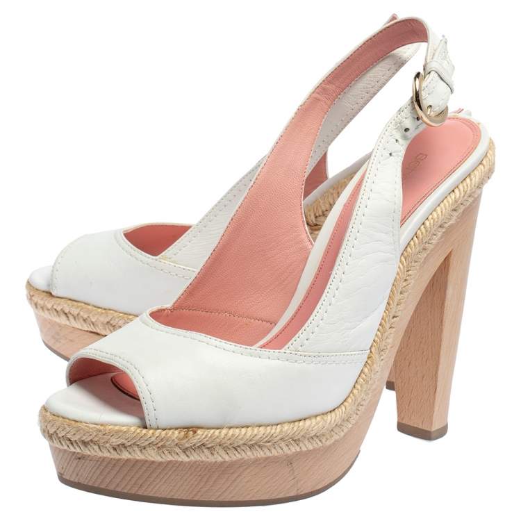Pre Owned Sergio Rossi Pink/White Leather Espadrille Trim Platform Slingback Sandals Size 36