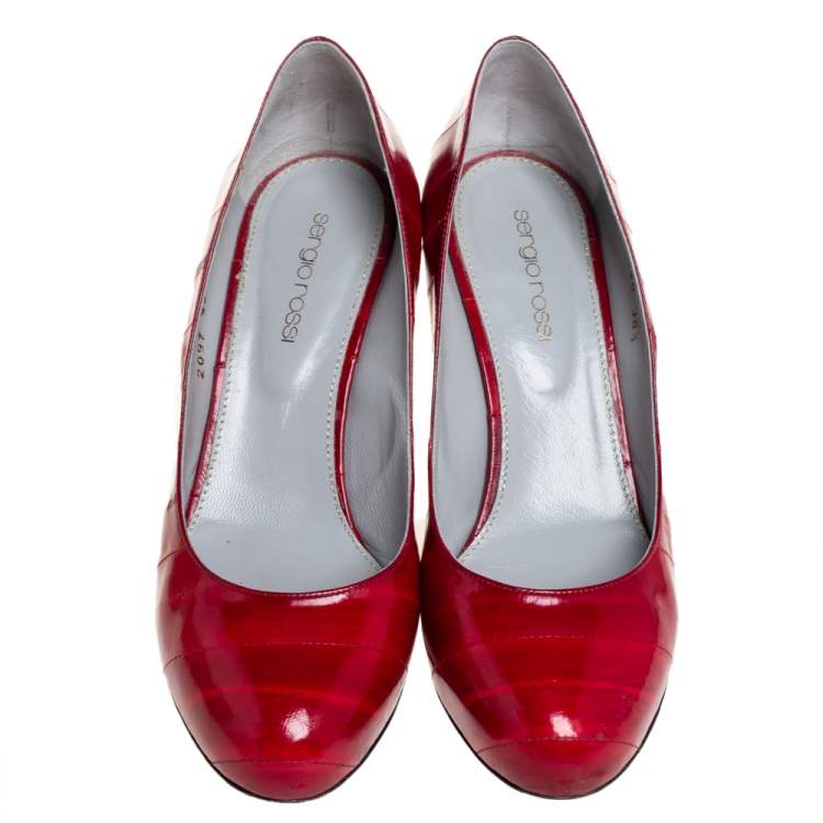Pre Owned Sergio Rossi Red Patent Leather Round Toe Pumps Size 38.5