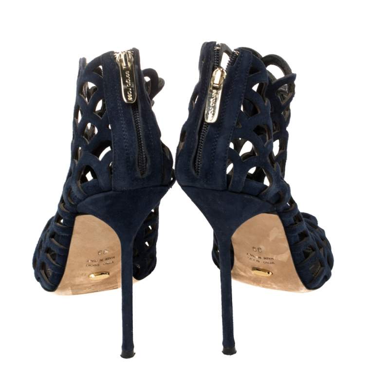 Pre Owned Sergio Rossi Blue Suede Crystal Embellished Scalloped Peep Toe Caged Booties Size 39