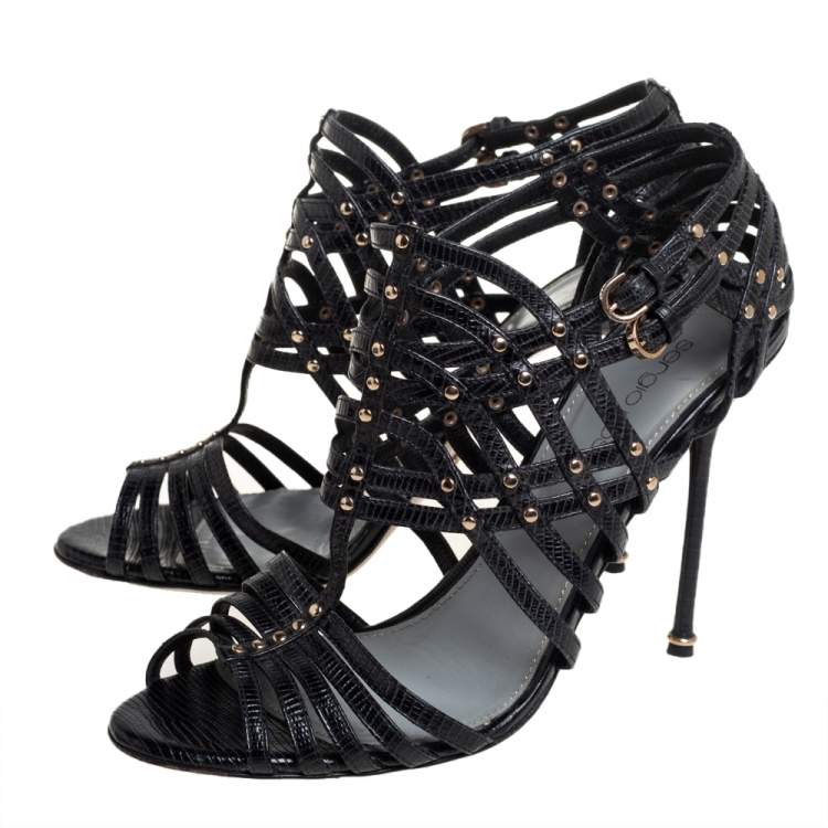 Pre Owned Sergio Rossi Black Lizard Embossed Leather Peep Toe Cage Sandals Size 38