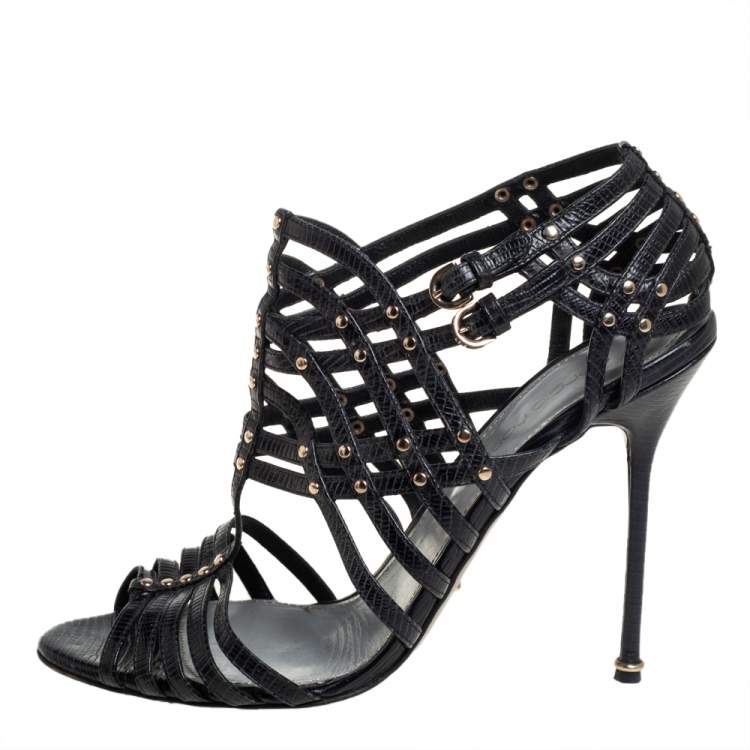 Pre Owned Sergio Rossi Black Lizard Embossed Leather Peep Toe Cage Sandals Size 38