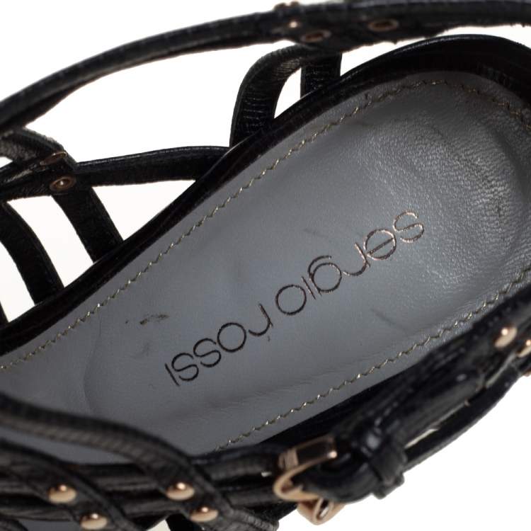 Pre Owned Sergio Rossi Black Lizard Embossed Leather Peep Toe Cage Sandals Size 38