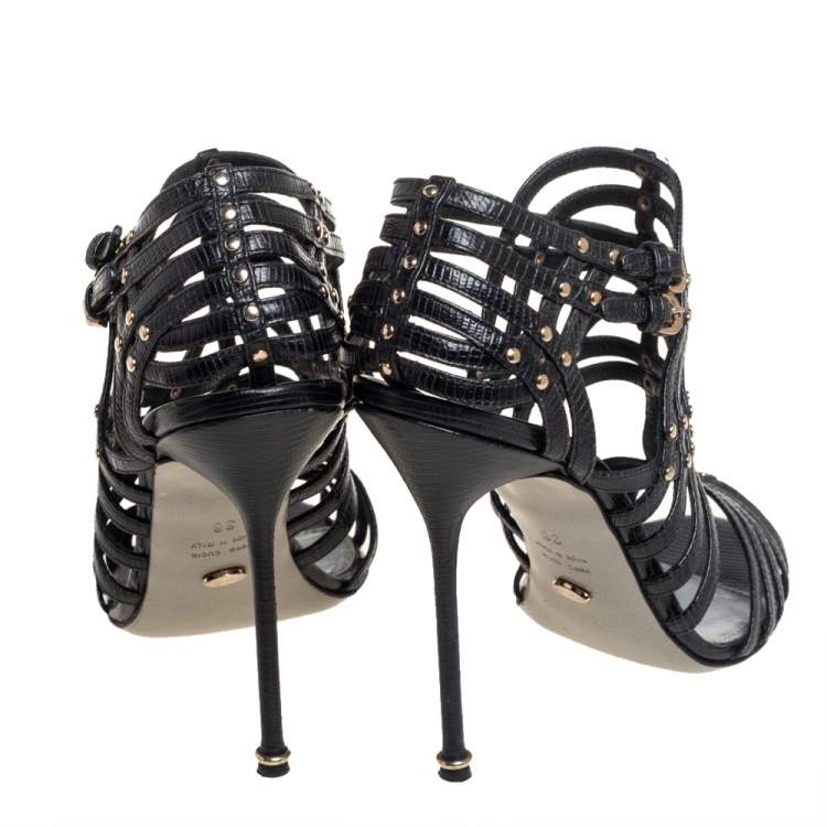 Pre Owned Sergio Rossi Black Lizard Embossed Leather Peep Toe Cage Sandals Size 38