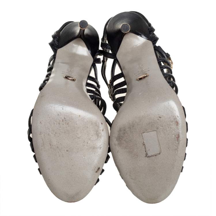 Pre Owned Sergio Rossi Black Lizard Embossed Leather Peep Toe Cage Sandals Size 38