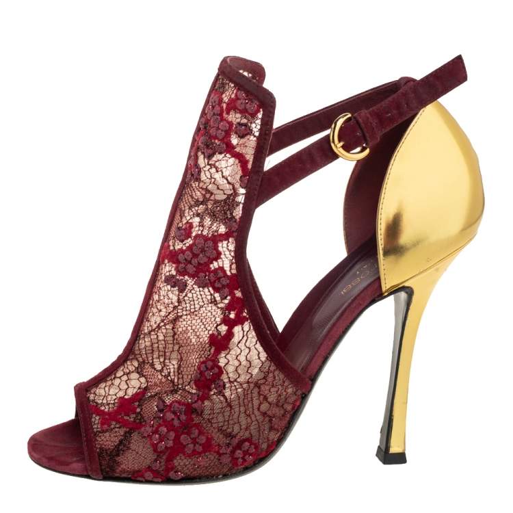 Pre Owned Sergio Rossi Burgundy/Gold Lace And Leather Ankle Boots Size 39