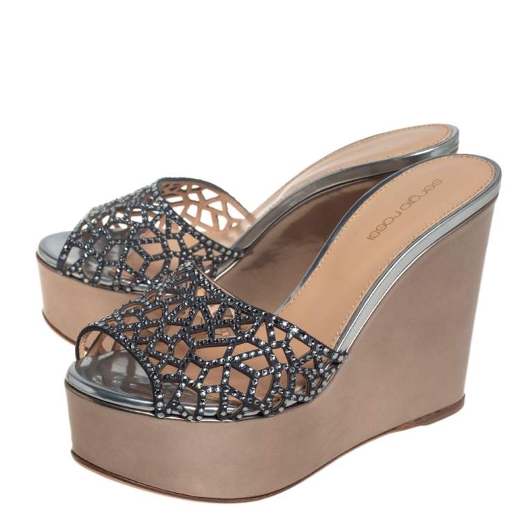 Pre Owned Sergio Rossi Metallic Grey Crystal Embellished Suede Tresor Wedge Platform Sandals Size 38.5