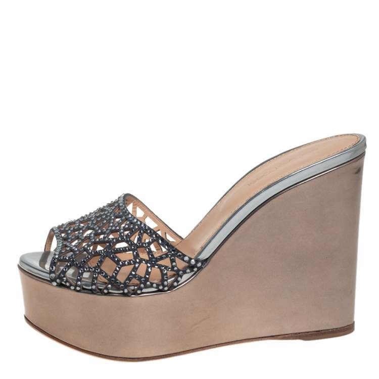 Pre Owned Sergio Rossi Metallic Grey Crystal Embellished Suede Tresor Wedge Platform Sandals Size 38.5