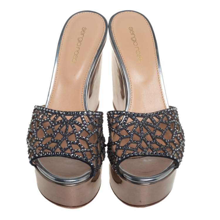 Pre Owned Sergio Rossi Metallic Grey Crystal Embellished Suede Tresor Wedge Platform Sandals Size 38.5