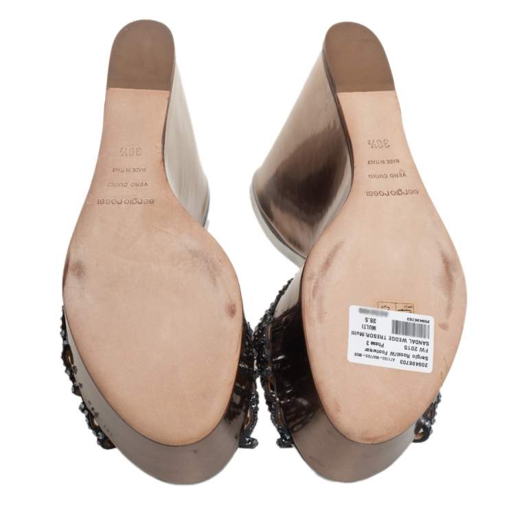 Pre Owned Sergio Rossi Metallic Grey Crystal Embellished Suede Tresor Wedge Platform Sandals Size 38.5