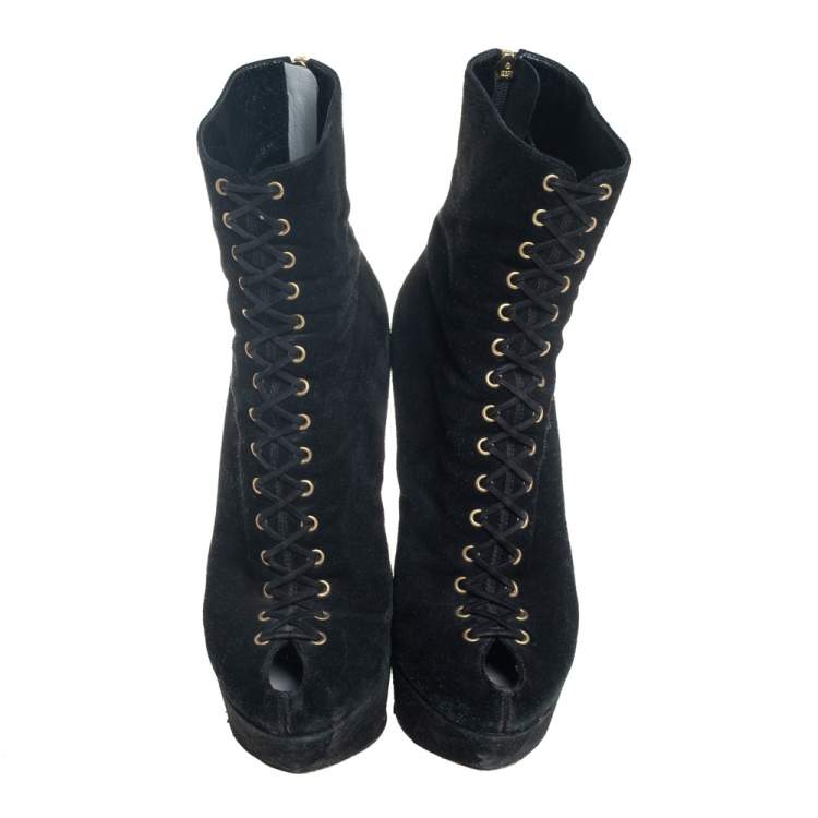 Pre Owned Sergio Rossi Black Suede Lace Up Platform Booties Size 39