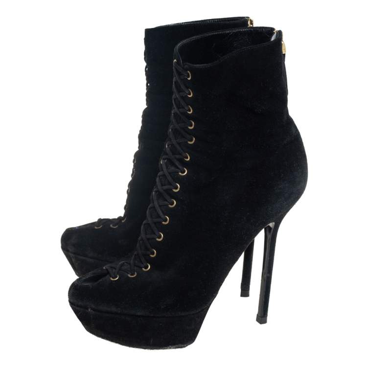Pre Owned Sergio Rossi Black Suede Lace Up Platform Booties Size 39