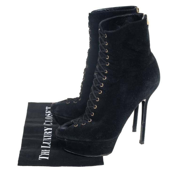 Pre Owned Sergio Rossi Black Suede Lace Up Platform Booties Size 39