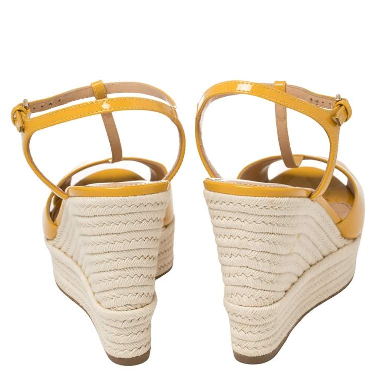 Pre Owned Sergio Rossi Yellow Patent Leather Wedge Platform Sandals Size 39
