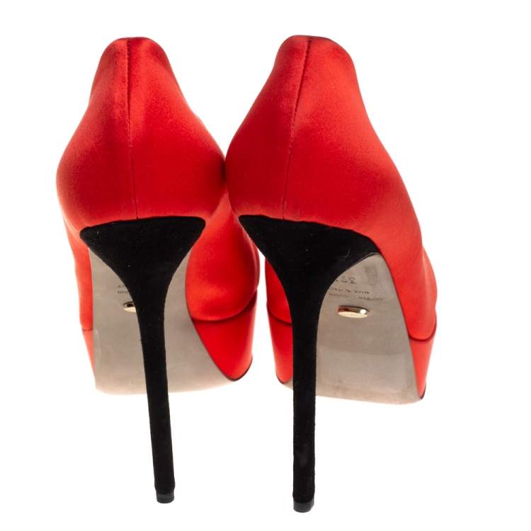 Pre Owned Sergio Rossi Red Satin Knotted Peep Toe Platform Pumps Size 39.5