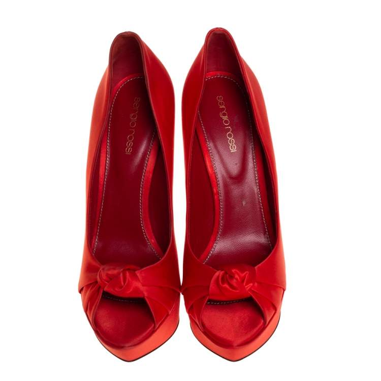 Pre Owned Sergio Rossi Red Satin Knotted Peep Toe Platform Pumps Size 39.5