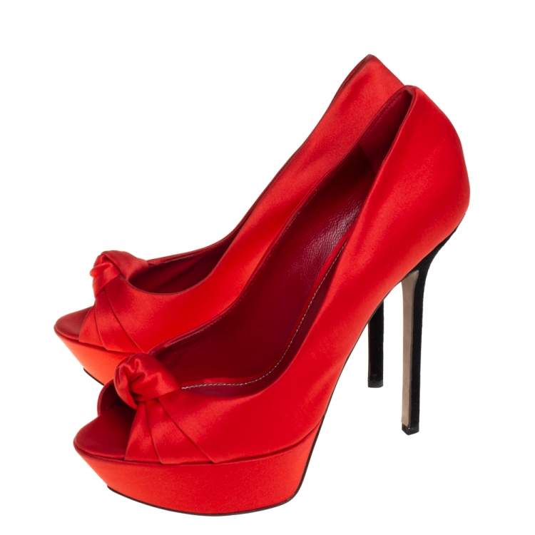 Pre Owned Sergio Rossi Red Satin Knotted Peep Toe Platform Pumps Size 39.5