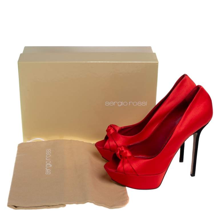 Pre Owned Sergio Rossi Red Satin Knotted Peep Toe Platform Pumps Size 39.5