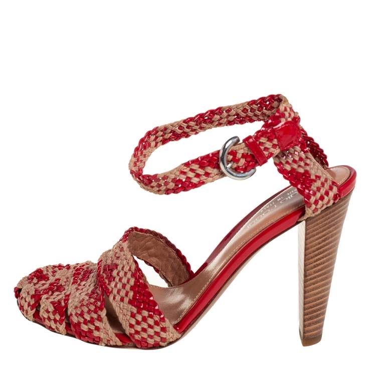 Pre Owned Sergio Rossi Beige/Red Woven Patent Leather and Raffia Ankle Strap Sandals Size 35