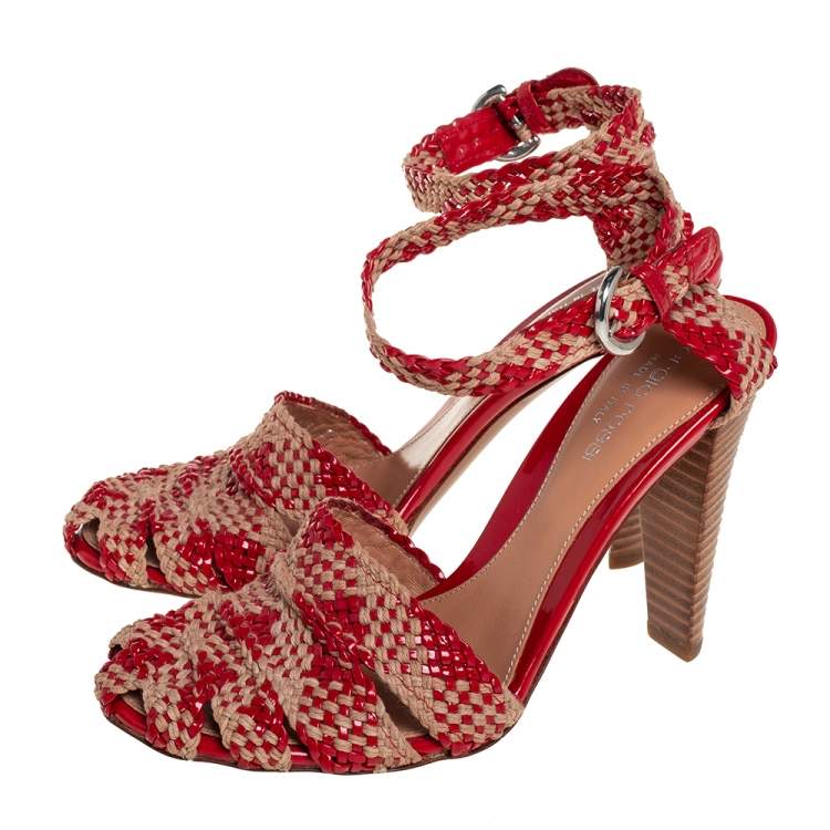 Pre Owned Sergio Rossi Beige/Red Woven Patent Leather and Raffia Ankle Strap Sandals Size 35