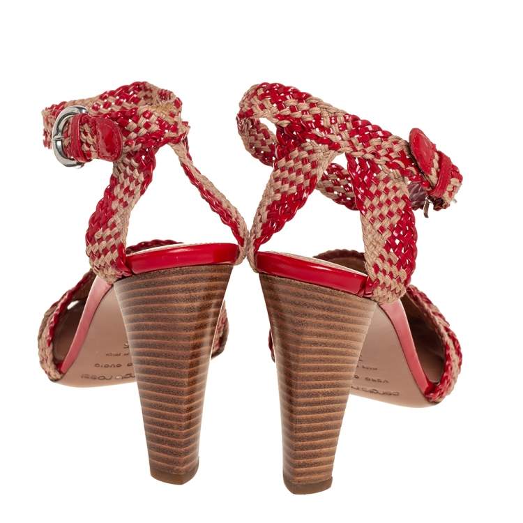 Pre Owned Sergio Rossi Beige/Red Woven Patent Leather and Raffia Ankle Strap Sandals Size 35
