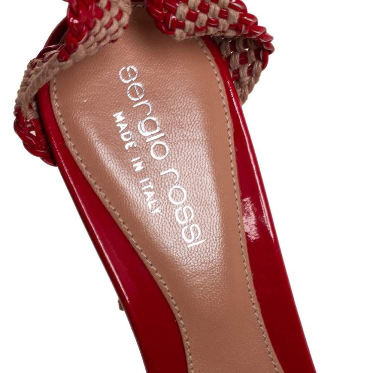 Pre Owned Sergio Rossi Beige/Red Woven Patent Leather and Raffia Ankle Strap Sandals Size 35