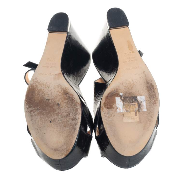 مملوكة مسبقًا Sergio Rossi Dark Blue Patent Leather Wedge Platform Slingback Sandals Size 39.5