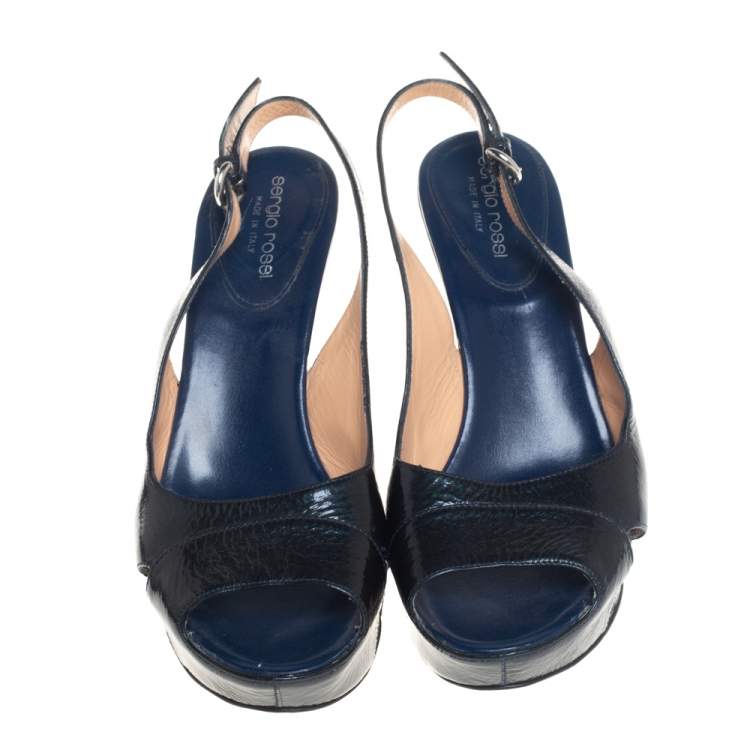 مملوكة مسبقًا Sergio Rossi Dark Blue Patent Leather Wedge Platform Slingback Sandals Size 39.5