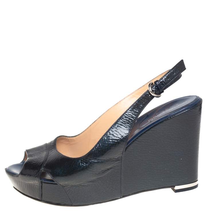 Sergio Rossi Dark Blue Patent Leather Wedge Platform Slingback