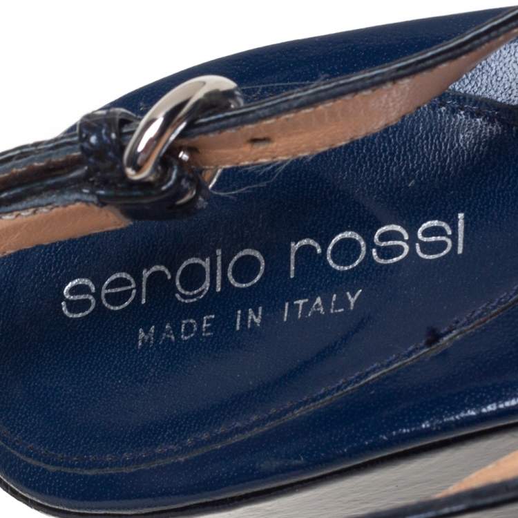 مملوكة مسبقًا Sergio Rossi Dark Blue Patent Leather Wedge Platform Slingback Sandals Size 39.5