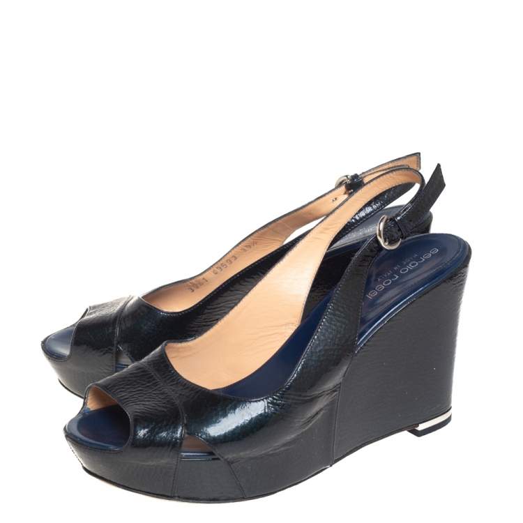 مملوكة مسبقًا Sergio Rossi Dark Blue Patent Leather Wedge Platform Slingback Sandals Size 39.5