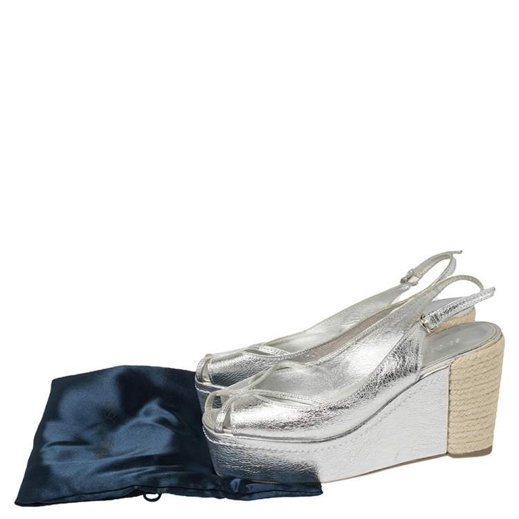 Pre Owned Sergio Rossi Silver Leather Espadrille Platform Slingback Wedge Sandals Size 39.5