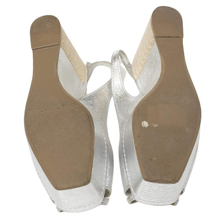 Pre Owned Sergio Rossi Silver Leather Espadrille Platform Slingback Wedge Sandals Size 39.5