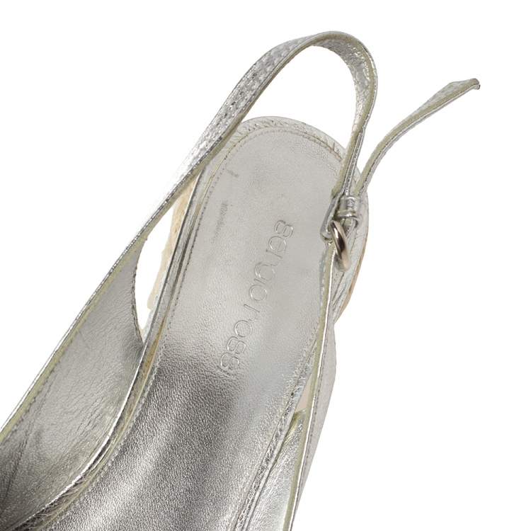 Pre Owned Sergio Rossi Silver Leather Espadrille Platform Slingback Wedge Sandals Size 39.5