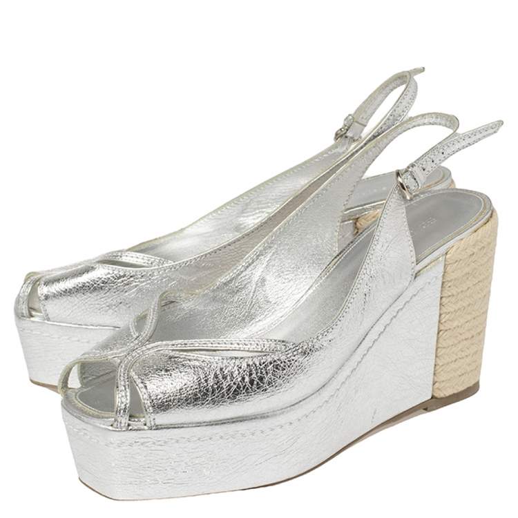 Pre Owned Sergio Rossi Silver Leather Espadrille Platform Slingback Wedge Sandals Size 39.5