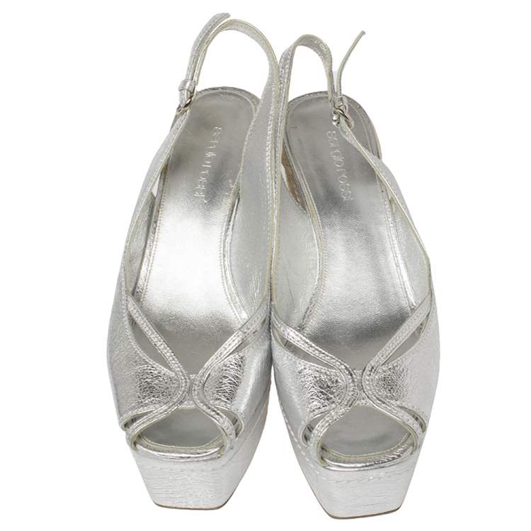 Pre Owned Sergio Rossi Silver Leather Espadrille Platform Slingback Wedge Sandals Size 39.5
