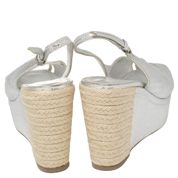 Pre Owned Sergio Rossi Silver Leather Espadrille Platform Slingback Wedge Sandals Size 39.5