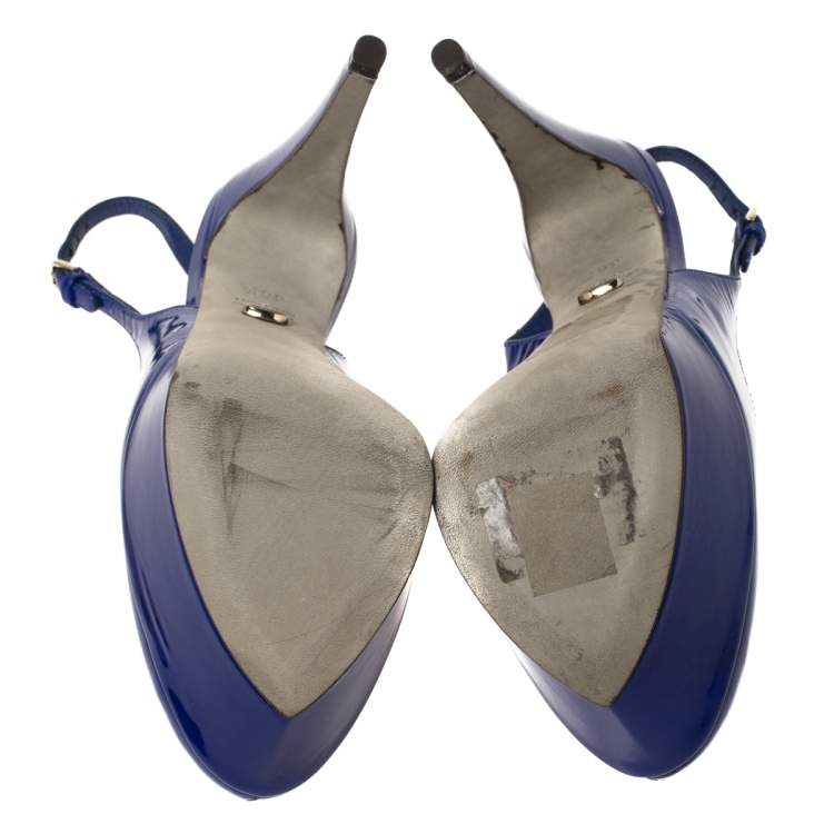 Pre Owned Sergio Rossi Blue Patent Leather Platform Slingback Peep Toe Sandals Size 36.5