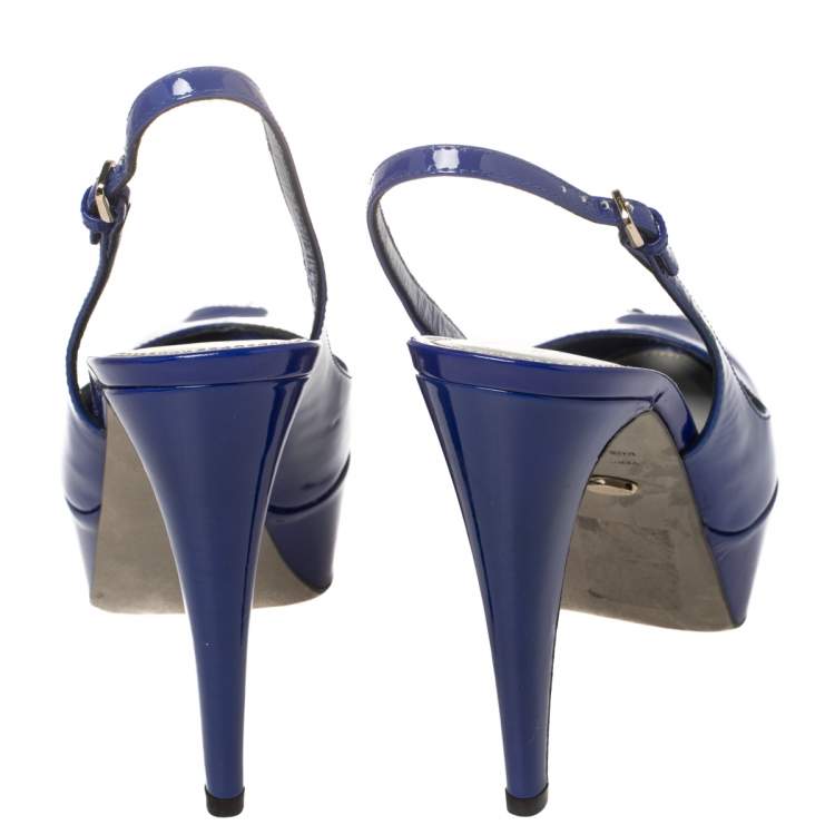 Pre Owned Sergio Rossi Blue Patent Leather Platform Slingback Peep Toe Sandals Size 36.5