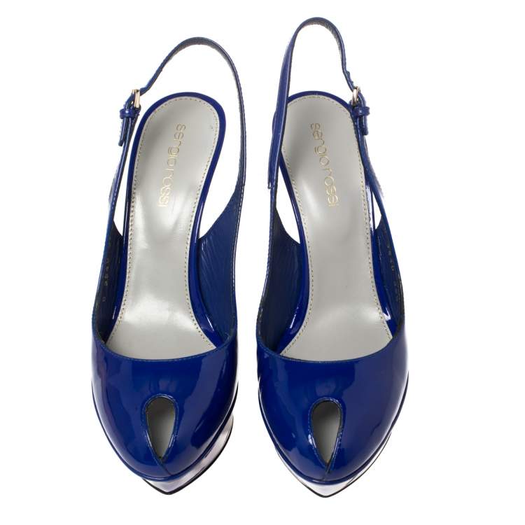 Pre Owned Sergio Rossi Blue Patent Leather Platform Slingback Peep Toe Sandals Size 36.5