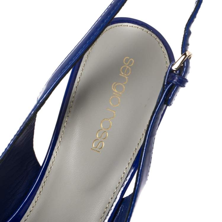 Pre Owned Sergio Rossi Blue Patent Leather Platform Slingback Peep Toe Sandals Size 36.5
