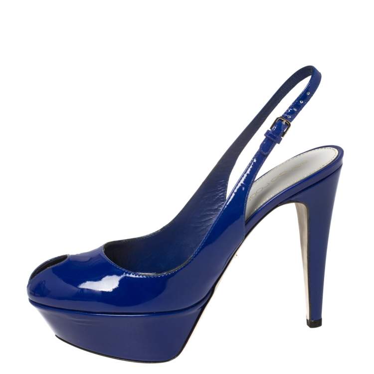 Pre Owned Sergio Rossi Blue Patent Leather Platform Slingback Peep Toe Sandals Size 36.5
