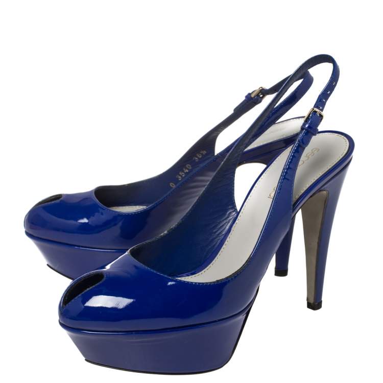 Pre Owned Sergio Rossi Blue Patent Leather Platform Slingback Peep Toe Sandals Size 36.5