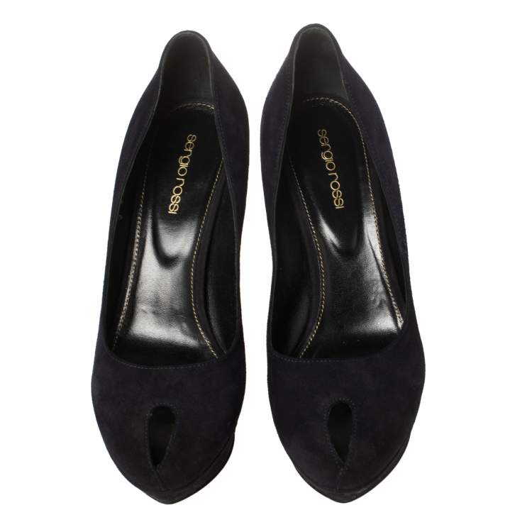 Pre Owned Sergio Rossi Navy Blue Suede Peep Toe Platform Pumps Size 38.5