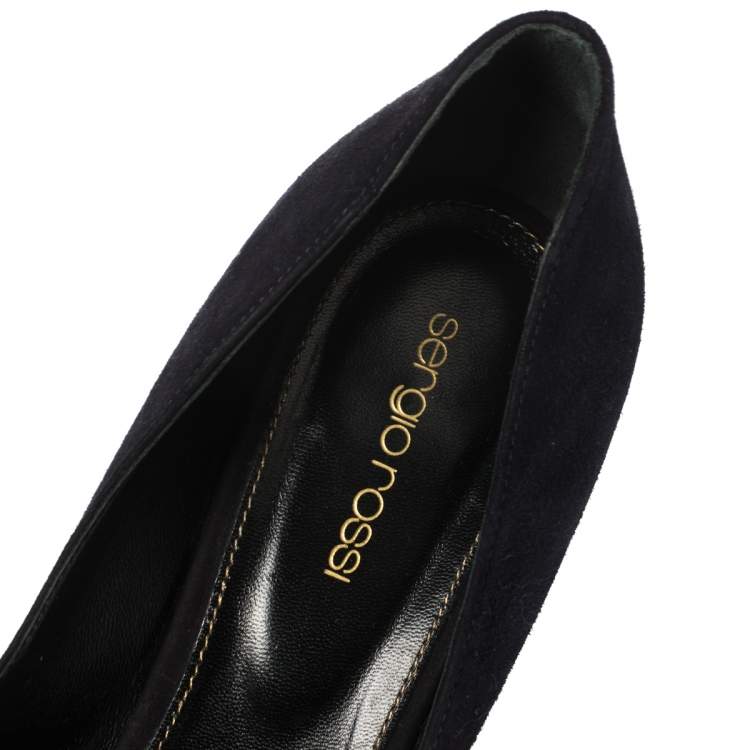 Pre Owned Sergio Rossi Navy Blue Suede Peep Toe Platform Pumps Size 38.5
