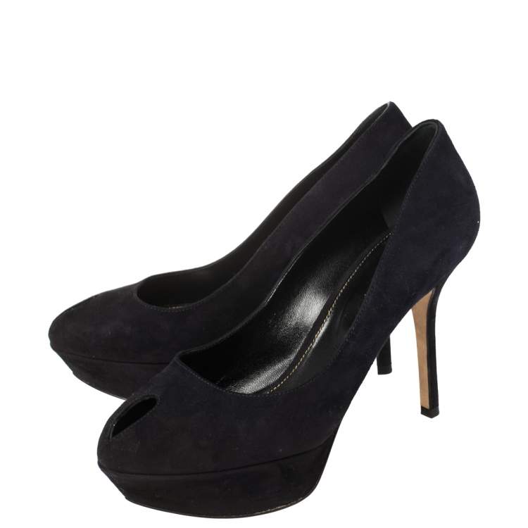 Pre Owned Sergio Rossi Navy Blue Suede Peep Toe Platform Pumps Size 38.5