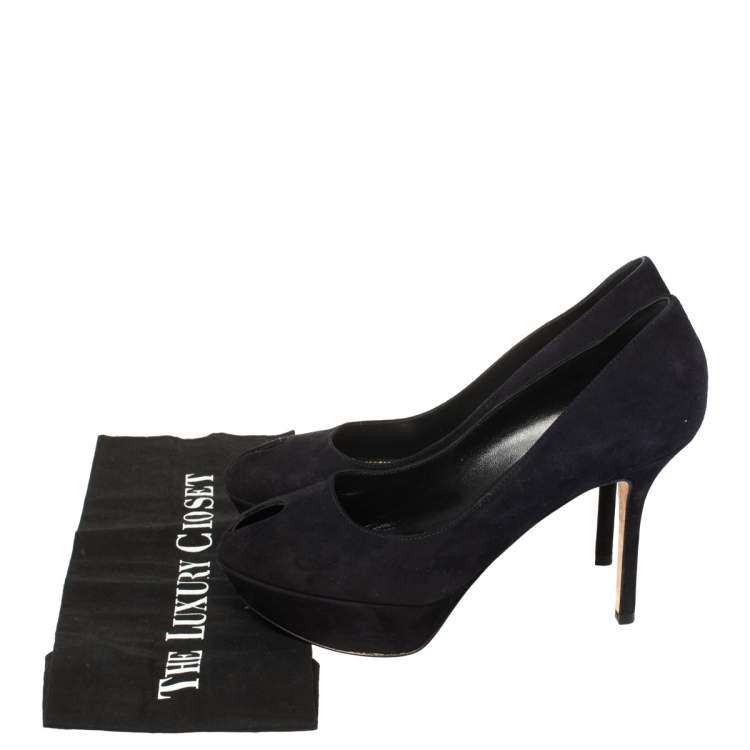 Pre Owned Sergio Rossi Navy Blue Suede Peep Toe Platform Pumps Size 38.5